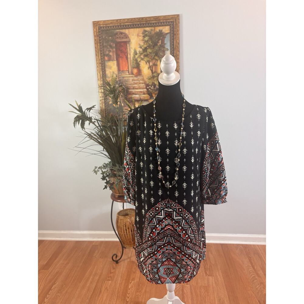 Pink Owl Women’s Shift Dress L 3/4 Cuff Sleeve Pullover Geometric Boho Collarles